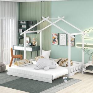 Kids White Twin Size Daybed with Trundle, Wood Twin to King House Platform Bed