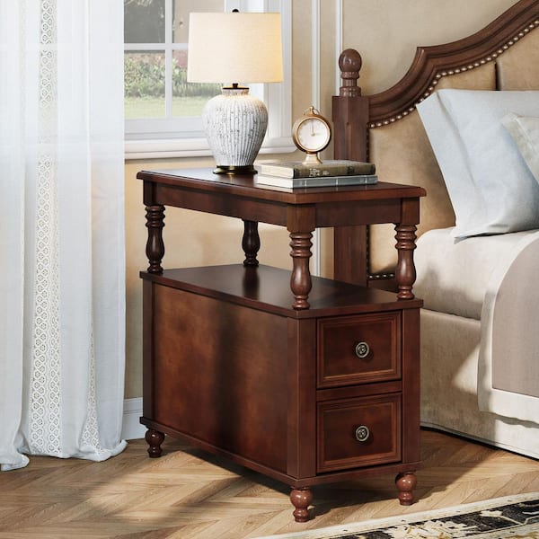Vintage Brown 2-Drawer 11.8 in. W x 23.62 in. D Solid Wood Nightstand With Open Storage Shelf, Beside Table for Bedroom