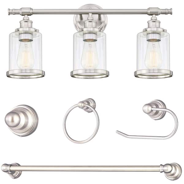 23.5 in. 3-Light Brushed Nickel Vanity Light with 5-Piece Bathroom Hardware Accessory Kit