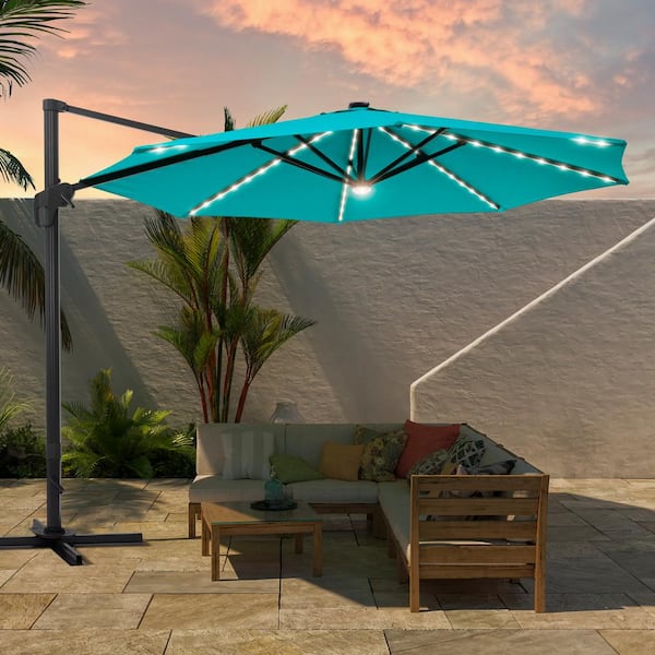 Sonkuki 11 ft. LED Outdoor Cantilever Patio Umbrella 360° Rotation and Infinite Canopy Angle Adjustment Lake Blue