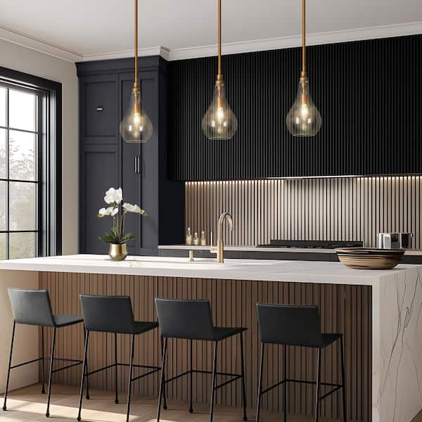 Modern Island Pendant Light, Iros 1-Light Brass Gold Teardrop Chandelier Pendant Light with Seeded Glass Shade