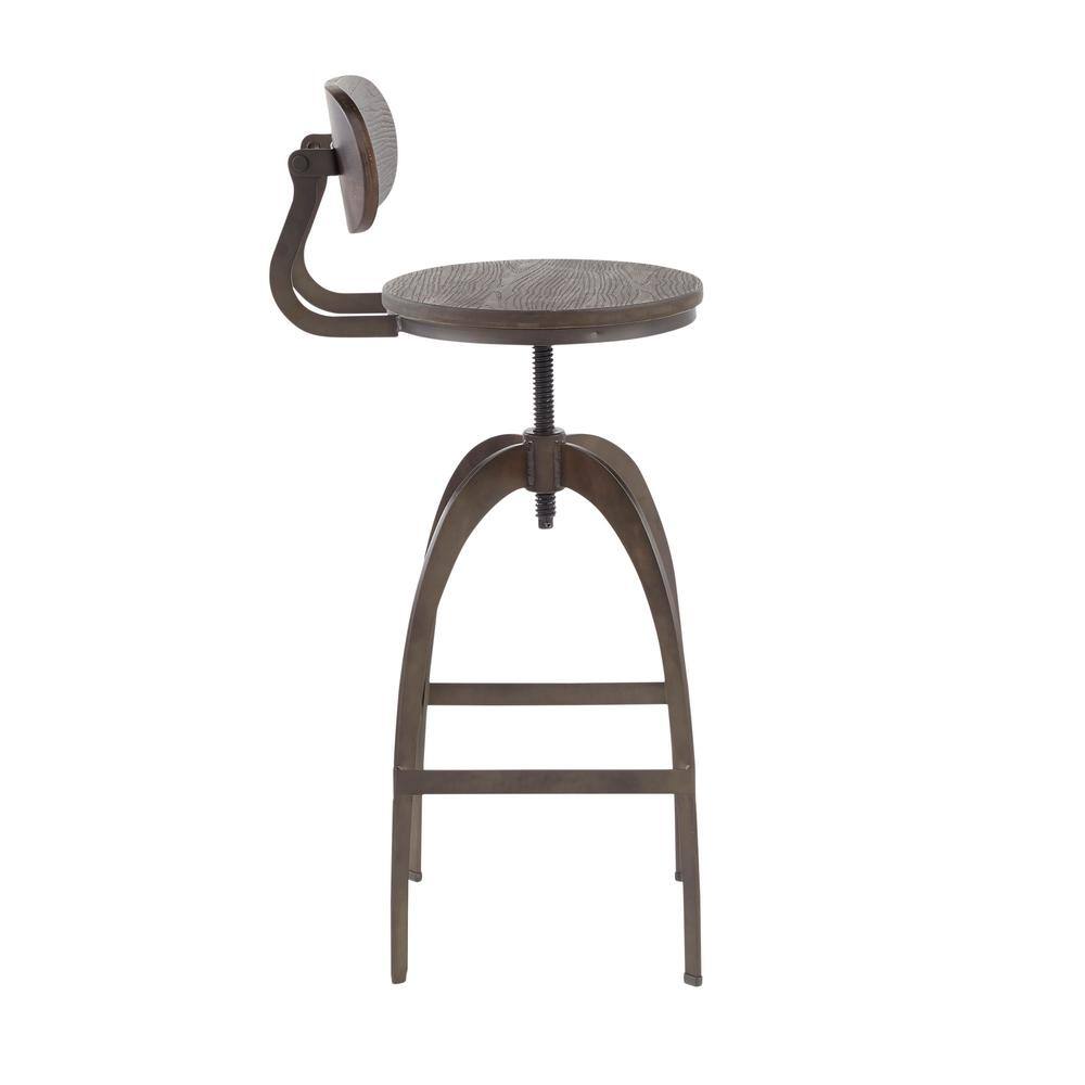 Dakota Industrial Espresso Wood and Antique Metal Adjustable Swivel Barstool