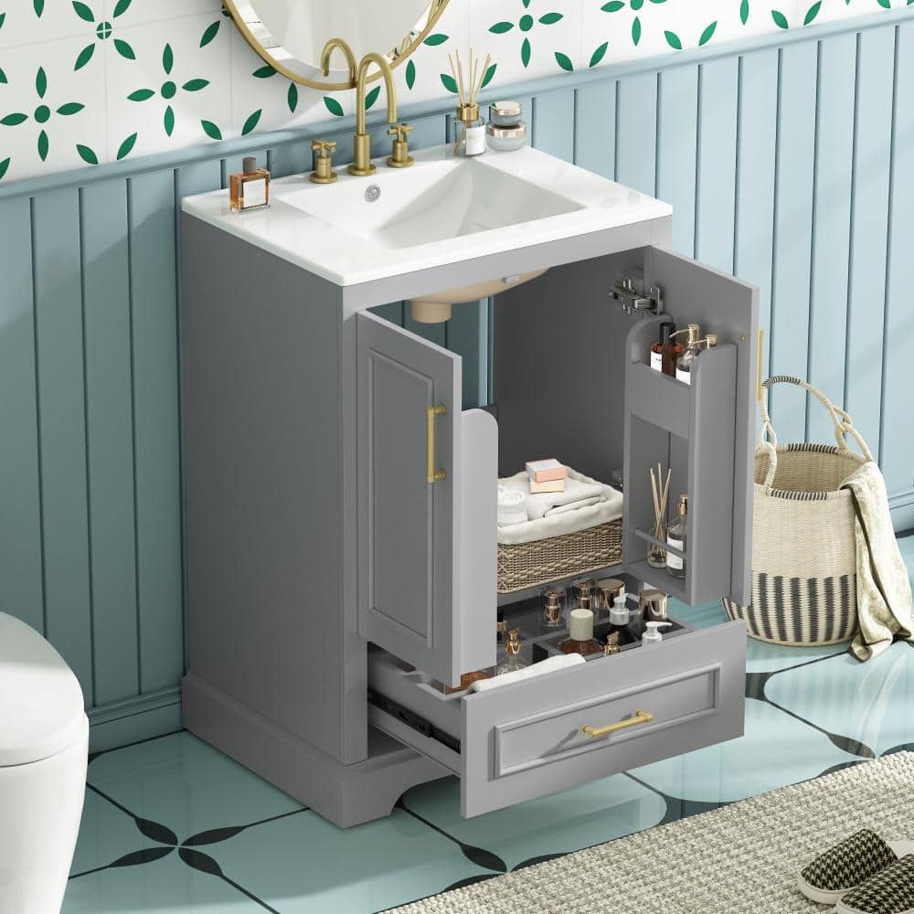24 in. W x 18.3 in. D x 34.4 in. H Single Sink Gray Freestanding Bath Vanity with White Ceramic Top,  Drawer Unassembled price history on PriceWatchPro
