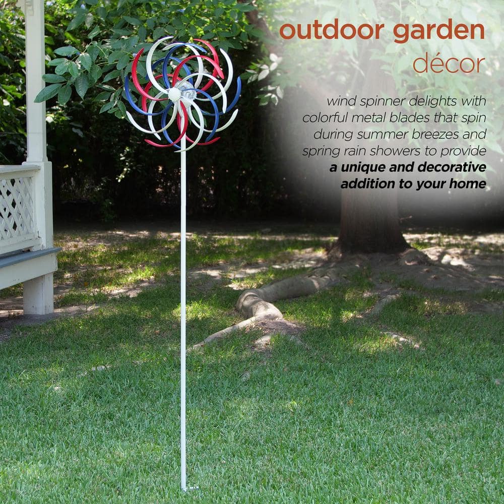 68" Tall Red, White, and Blue Iron Wind Spinner with Solar LED Light