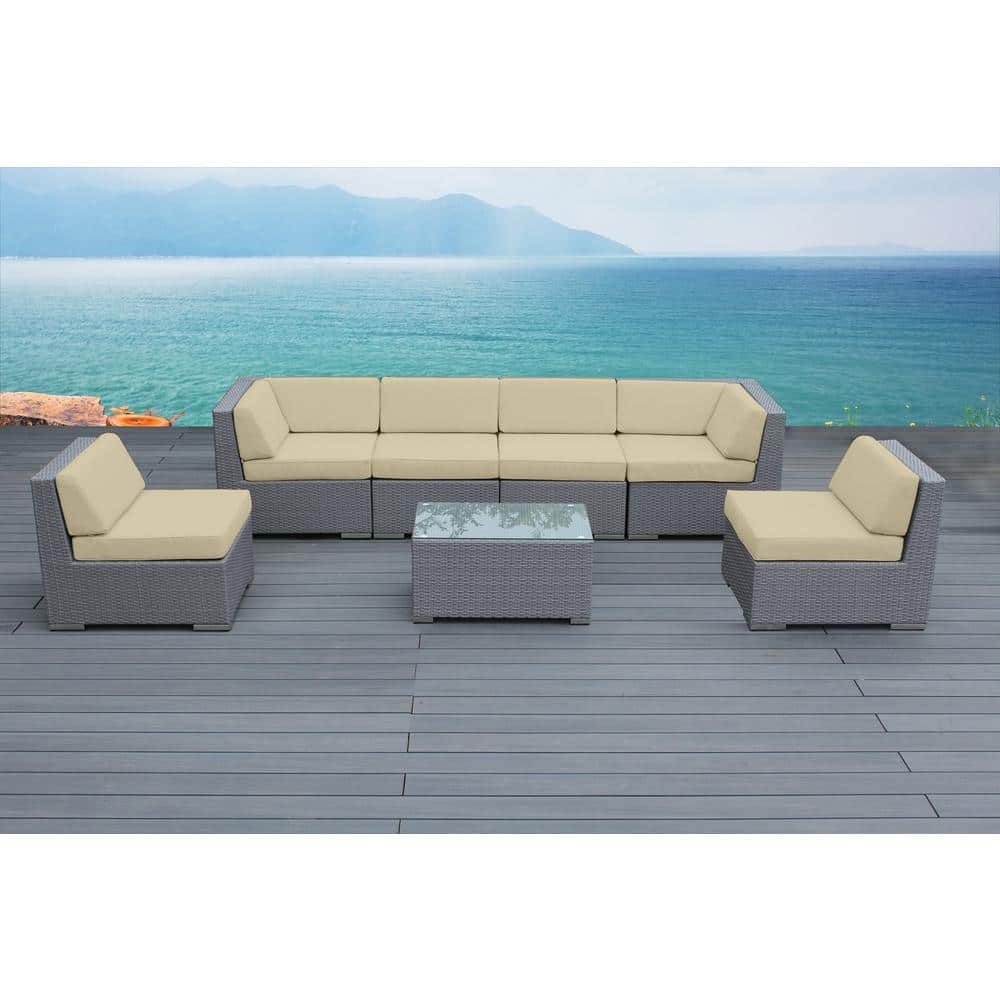 Ohana Depot Gray 7Piece Wicker Patio Seating Set with Sunbrella Antique Beige Cushions PN7037GR