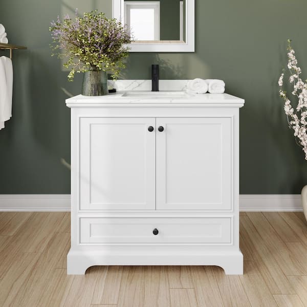 Wyndham Collection Deborah 36 in. W x 22 in. D x 35 in. H Single Bath Vanity in White with Giotto Quartz Top and 24 in. Mirror