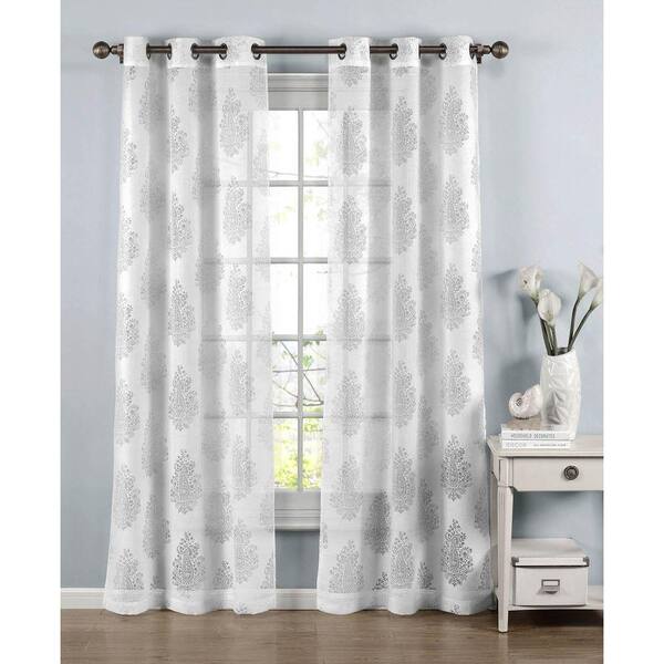 Window Elements Sheer Penelope Cotton Blend Burnout Sheer 84 in. L Grommet Curtain Panel Pair, White (Set of 2)