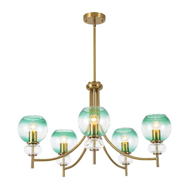 Ayden 5-Light Modern Glam Gold Branch Sputnik Gradient Green Glass Globe Chandelier with Clear Glass Accents