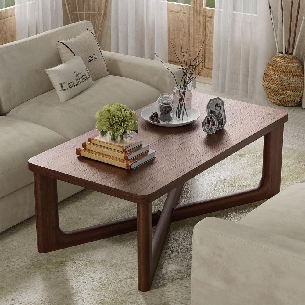 Lirago 50 in. Walnut Rectangle Solid Wood Coffee Table with Round