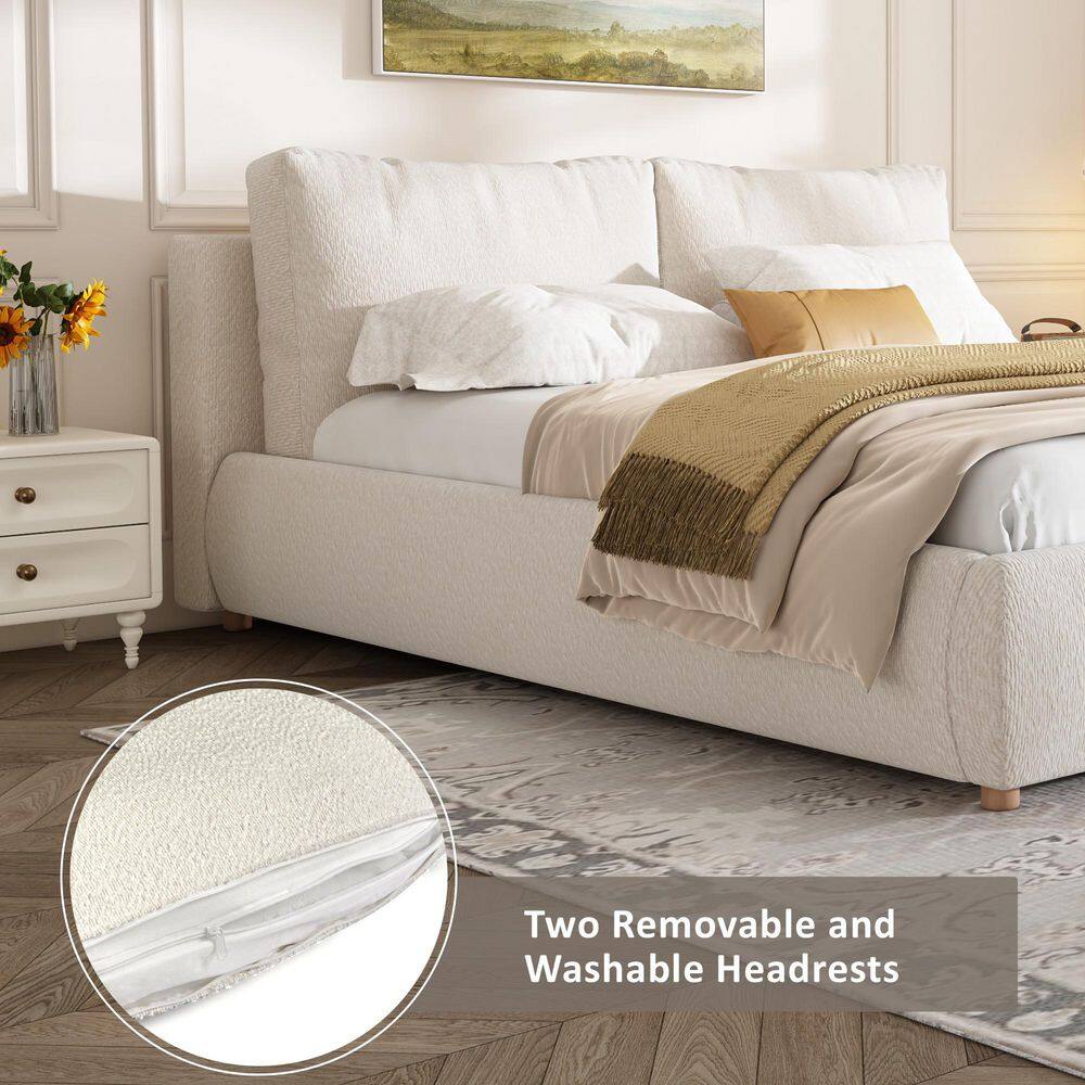 Linden White Boucle Fabric Upholstered Wood Frame Queen Size Platform Bed with Removable Pillow Headboard - thumbnail 2