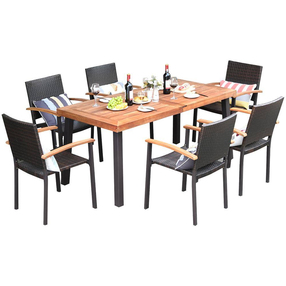 Costway 30 in. Brown 7Pieces Wicker Rectangular Outdoor Dining Set Acacia Wood Table Top