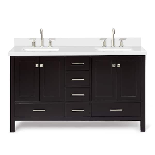 Cambridge 60 in. Double Sink Freestanding Bathroom Vanity in Espresso with Pure White Quartz Top