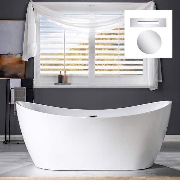 71 in. Acrylic FlatBottom Double Slipper Soaking Bathtub with Polished Chrome Overflow and Drain Included in White