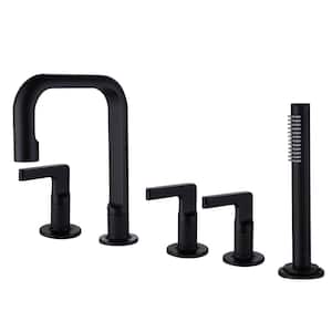 3-Handle Deck-Mount Roman Tub Faucet with Hand Shower 4.8 GPM Modern 5-Holes Brass Tub Filler in Matte Black