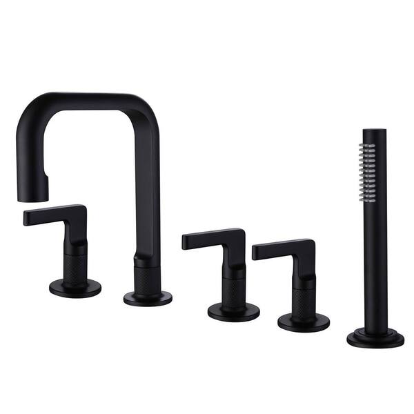 FLG 3-Handle Deck-Mount Roman Tub Faucet with Hand Shower 4.8 GPM Modern 5-Holes Brass Tub Filler in Matte Black