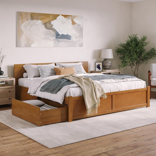 Orlando Light Toffee Natural Bronze Solid Wood Frame King Platform Bed with Footboard and Storage Drawers