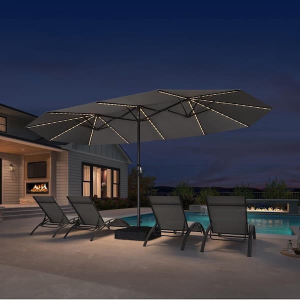 15 ft. Solar LED Lights Market Umbrella with Double-Sided Outdoor Patio Umbrellas with Base in Light Gray