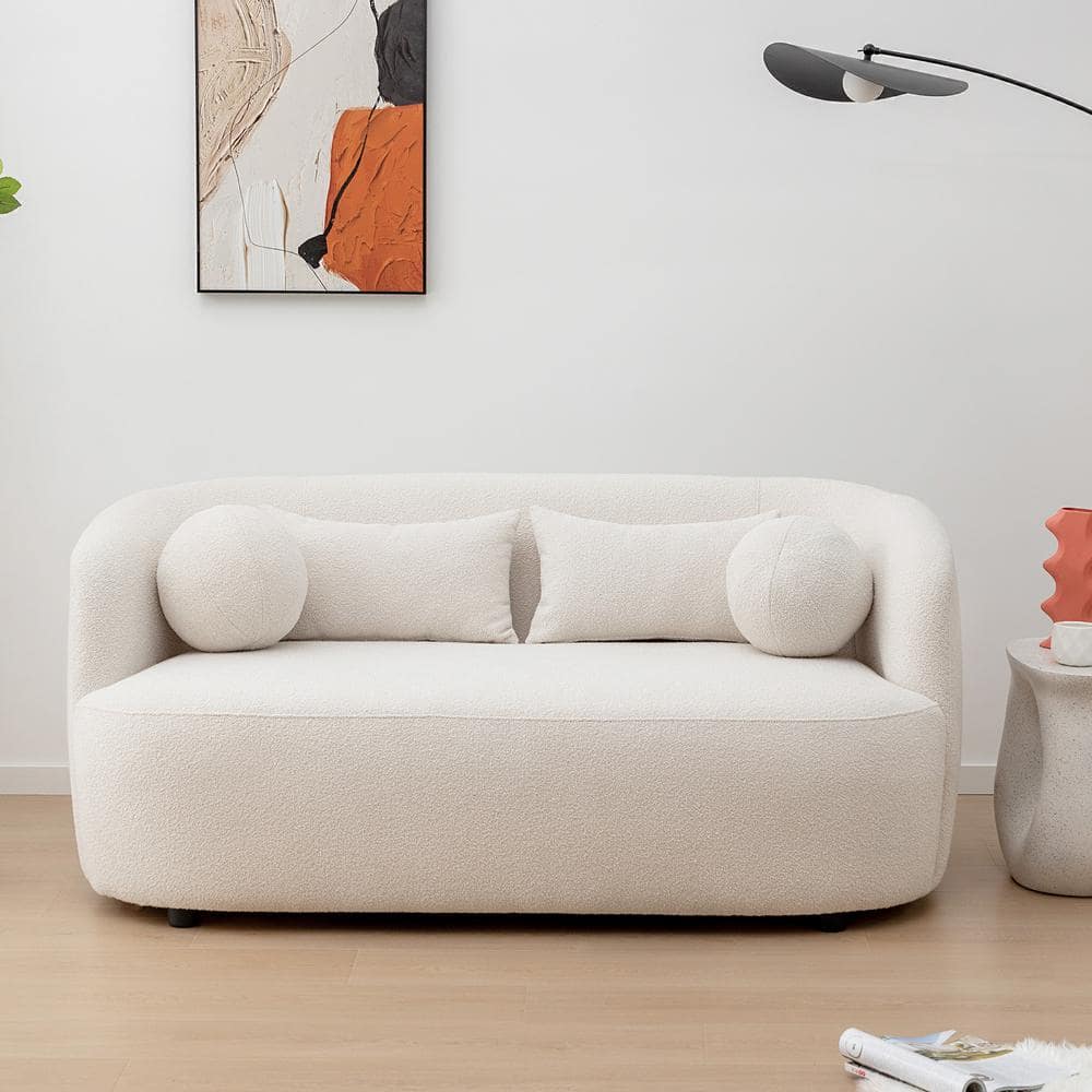 68 in. W Beige Boucle Upholstered 2 Seats Loveseat with Pillows