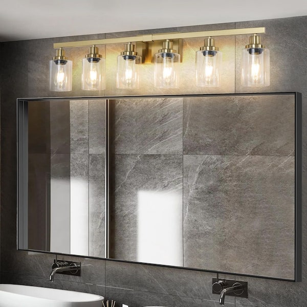 37 in. Modern 6-Light Gold Vanity Light Over Mirror Bath Wall Lighting Fixtures with Clear Glass Shade