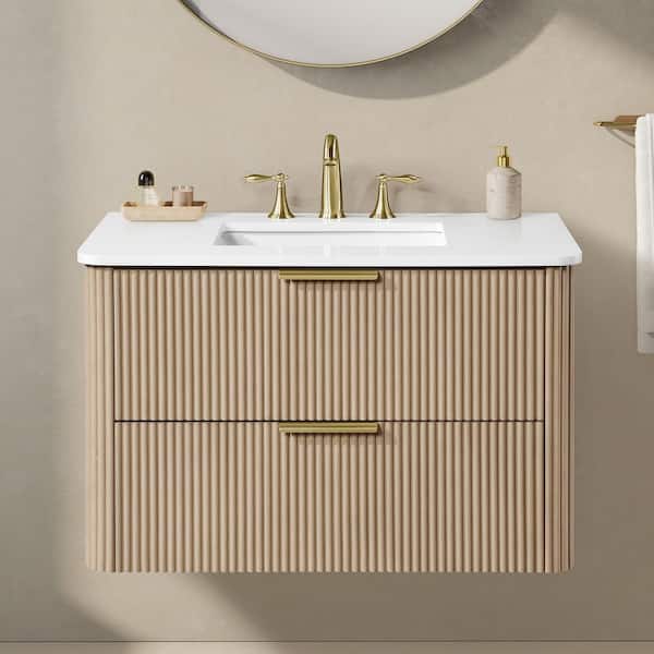 Amara 36 in. Single Sink Floating Sahara Birch Bath Vanity with White Engineered Stone Top