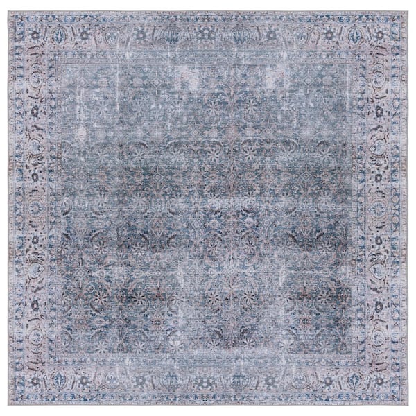 SAFAVIEH Tuscon Green Blue/Beige 6 ft. x 6 ft. Machine Washable Distressed Floral Border Square Area Rug
