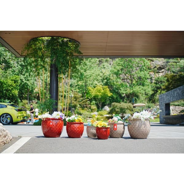 Set of 3 13 in. Round Brown Ceramic Flower Pot with Drainage-Frost Resistant Planter for Indoor Outdoor