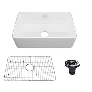 Glossy White Fireclay 30 in. Single Bowl Farmhouse Apron Kitchen Sink with Bottom Grid and Strainers With CUPC Certified
