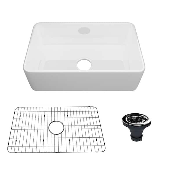 CASAINC Glossy White Fireclay 30 in. Single Bowl Farmhouse Apron Kitchen Sink with Bottom Grid and Strainers With CUPC Certified