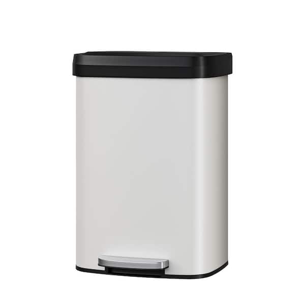 13 Gal. White Metal Step-On Kitchen Trash Can with Liner Rim, Rear Handle, Soft Close Plastic Lid for Dining Room