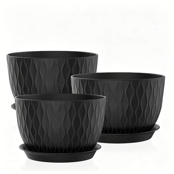 12/10/9 In 3 Pack Wide Plant Pots with Water Ripples, Big Plastic Planters with Drainage Holes & Saucers, Black
