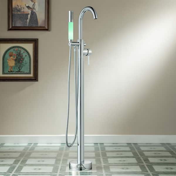Single-Handle Floor Mount Freestanding Tub Filler Faucet with Integrated LED Color-Changing Spray Head in Chrome