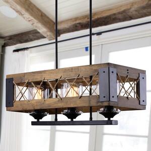 Farmhouse Wood Island Chandelier 3-Light Black Rectangular Cage Pendant Light Clear Glass Shade with Natural Ropes