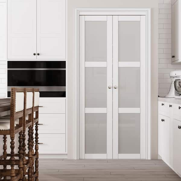 30 in. x 80 in. Frosted Glass Solid Core MDF Bi-fold Door Plus French Style Pivot Hardware (3-Lite White Finish)