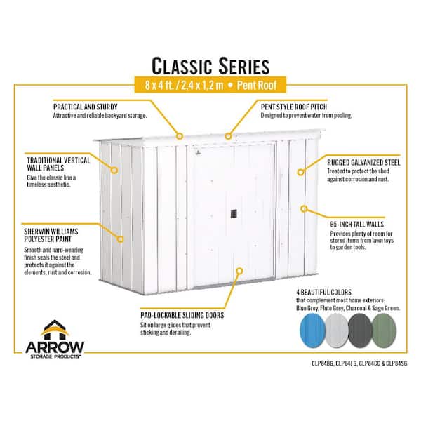 Arrow 8' x 4' Classic Steel Storage Shed - Charcoal