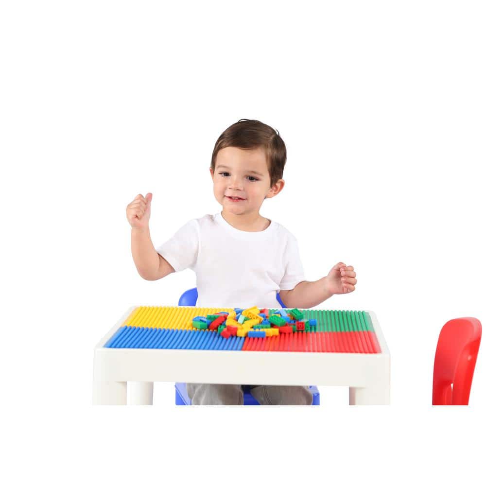 White and Primary Plastic Kids Activity Table with 2 Chairs and Building Blocks