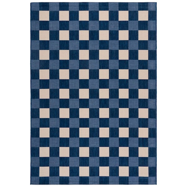 Courtyard Navy/Beige 9 ft. x 12 ft. Plaid Grid Indoor/Outdoor Area Rug