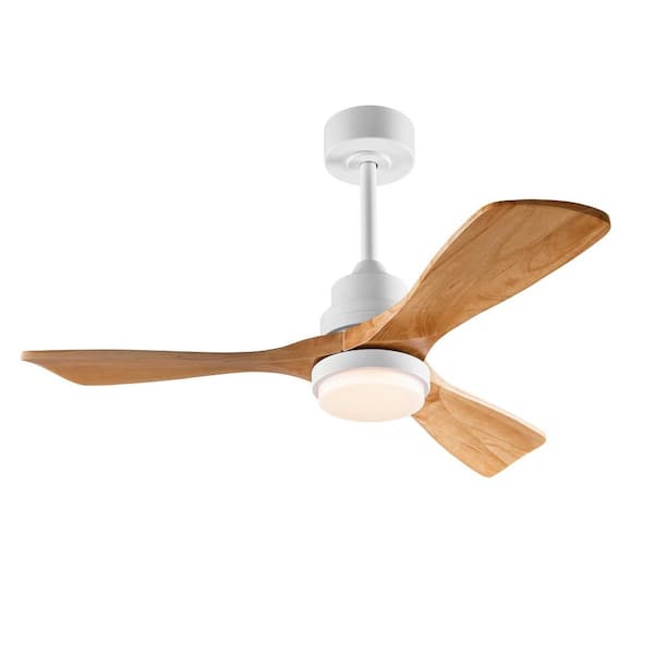 42 in. White Ceiling Fan with Light and Remote, 3 Natural Wood Blades for Bedroom and Patio, Downrod Mount
