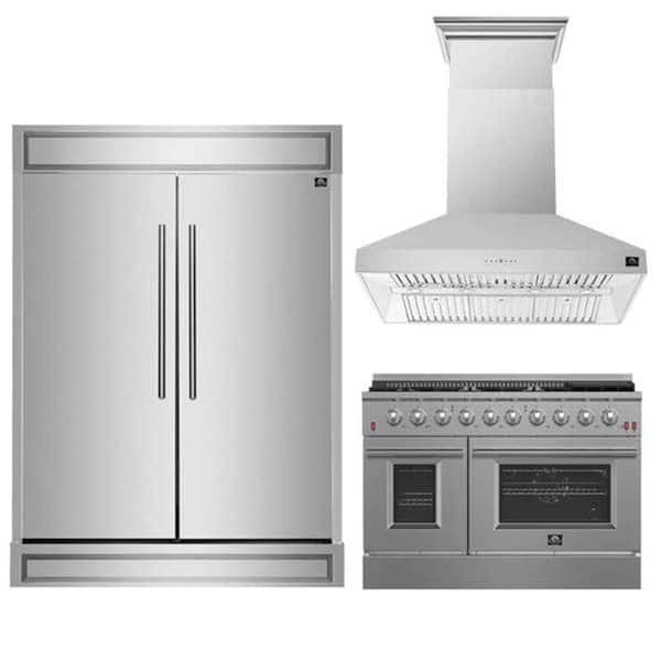 3 Pc-Galiano 48" 8 Burner Double Oven Gas Range, Maderno 60" Refrigerator/Freezer, Orvieto 48" Hood Stainless Steel