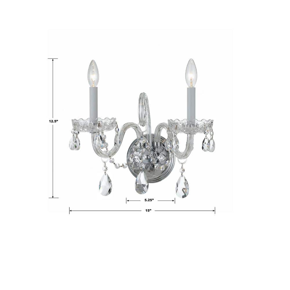 Elegant Polished Chrome 2-Light Wall Sconce with Clear Hand Cut Crystals
