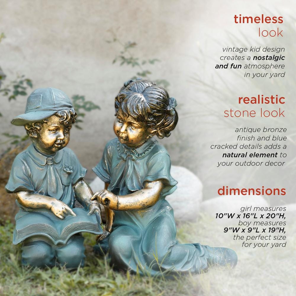 Antique Bronze Boy and Girl Reading Garden Statue Set