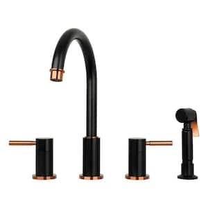 Two-Handles Black and Rose Gold Widespread Kitchen Faucet with Side Spray