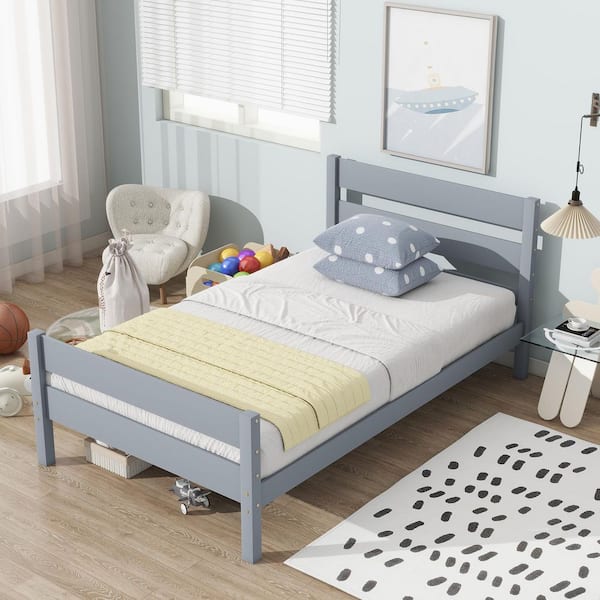 Modern Gray Wood Frame Twin Size Platform Bed with Headboard and Footboard