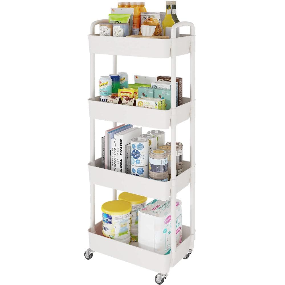 4-Tier Rolling Utility Cart, Mobile Storage Organizer with Lockable Wheels and Labels, White price history on PriceWatchPro