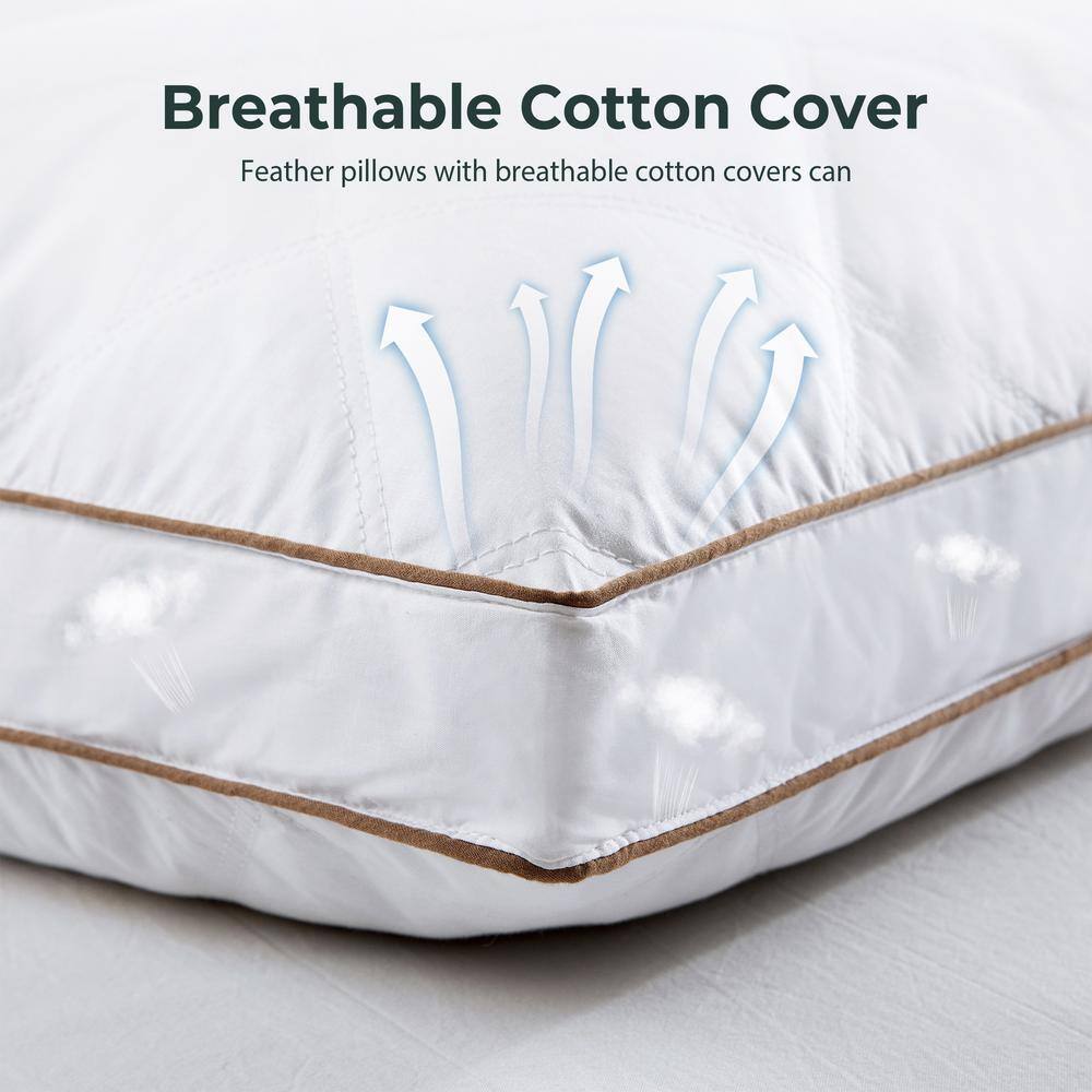Standard Size White Goose Feather Down Pillow Set with Cotton Cover