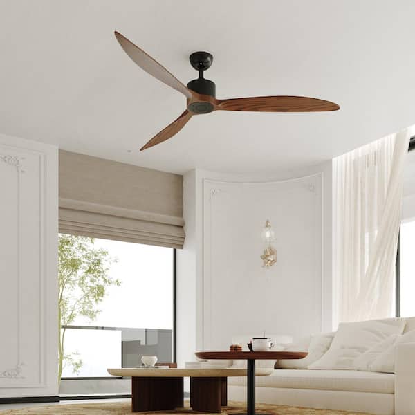 65 in. Modern Black Housing Walnut Wood Ceiling Fan with DC Motor, Reversible Airflow and 1/4/8H Timer, Downrod Mount