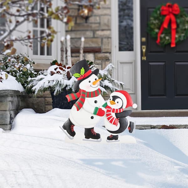 Glitzhome 32 in. H Christmas Metal Skiing Snowman and Penguin Yard