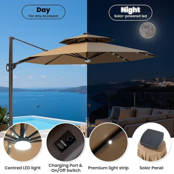 11 ft.Solar Lighted Cantilever Patio Umbrella with 350 lbs. Wheeled Base Double Top Outdoor Offset Umbrella in Tan Brown