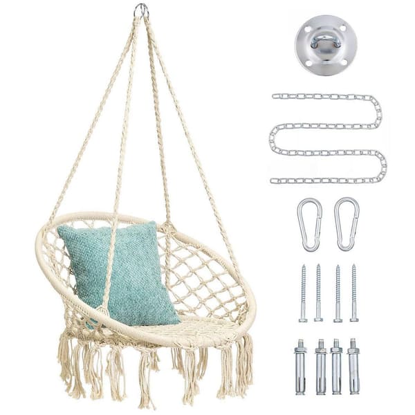 Handmade Macrame Kids Hammock Swing Chair: 2.8 ft. Portable Indoor/Outdoor Hanging Hammock in Off-White
