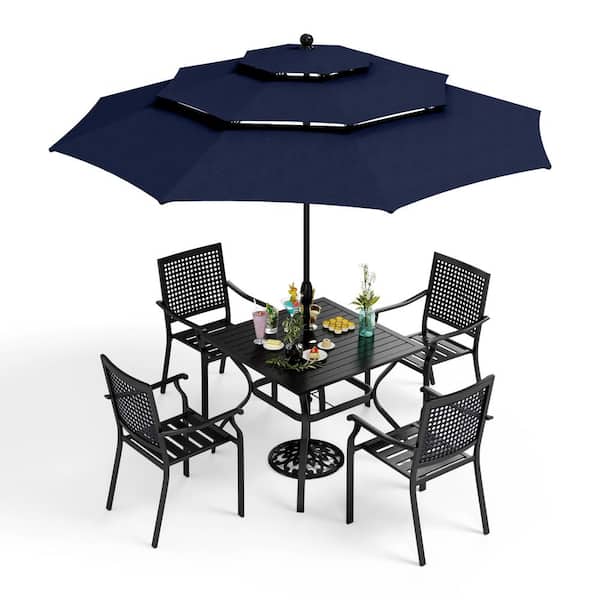 PHI VILLA 6-Piece Metal Square Patio Outdoor Dining Set with Table and Navy Umbrella