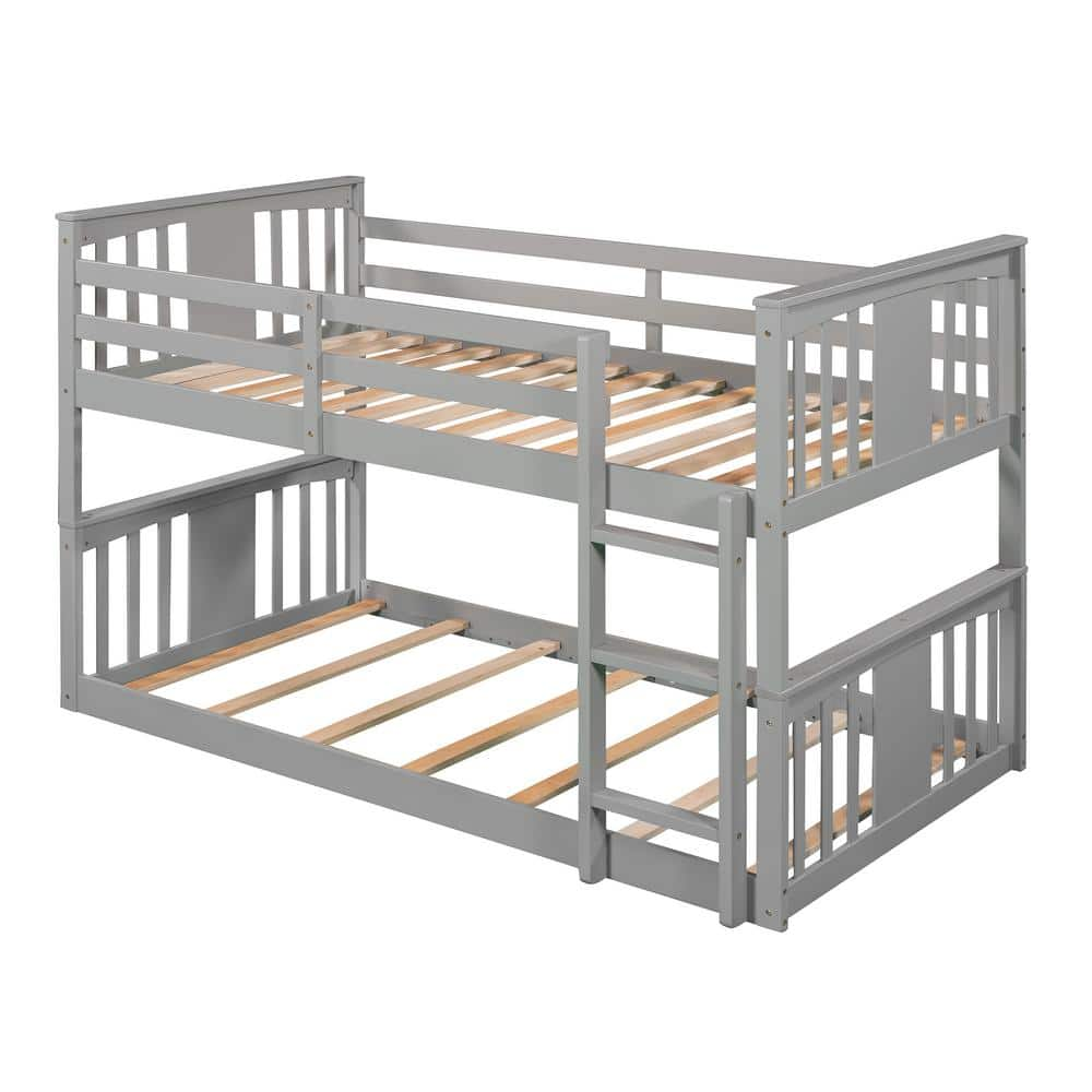 URTR Gray Twin Over Twin Low Bunk Bed with Headboard and Footboard ...